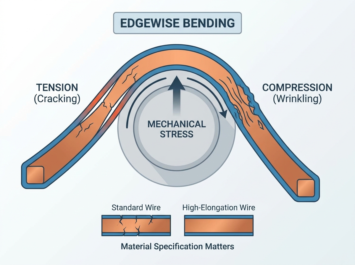 Enameled flat wire bending cracks during edgewise coil winding